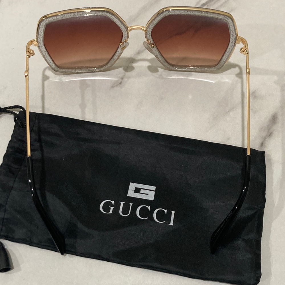 Gucci Gold Frame Sunglasses with Brown Lenses and Black Tips - Picture 7 of 16